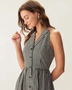 Black Plaid Sleeveless Button Midi Dress