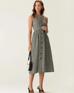 Black Plaid Sleeveless Button Midi Dress
