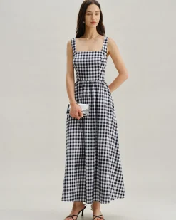 Black Plaid Square Neck Pocket Slip Maxi Dress