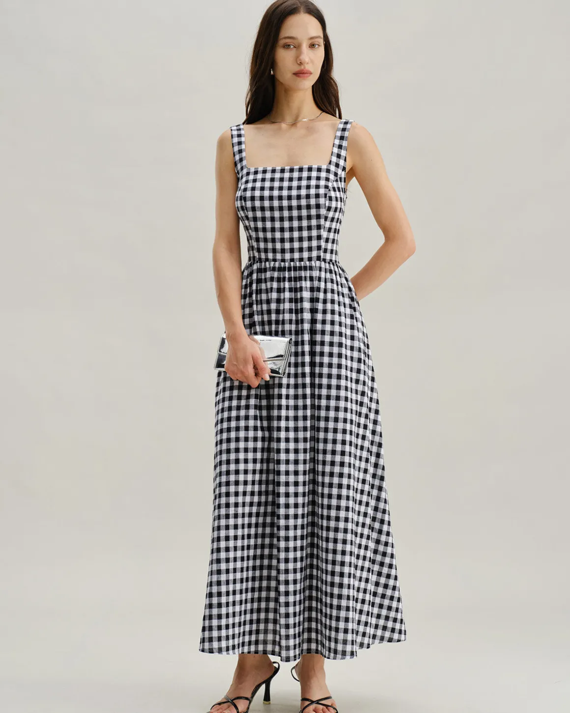 Black Plaid Square Neck Pocket Slip Maxi Dress
