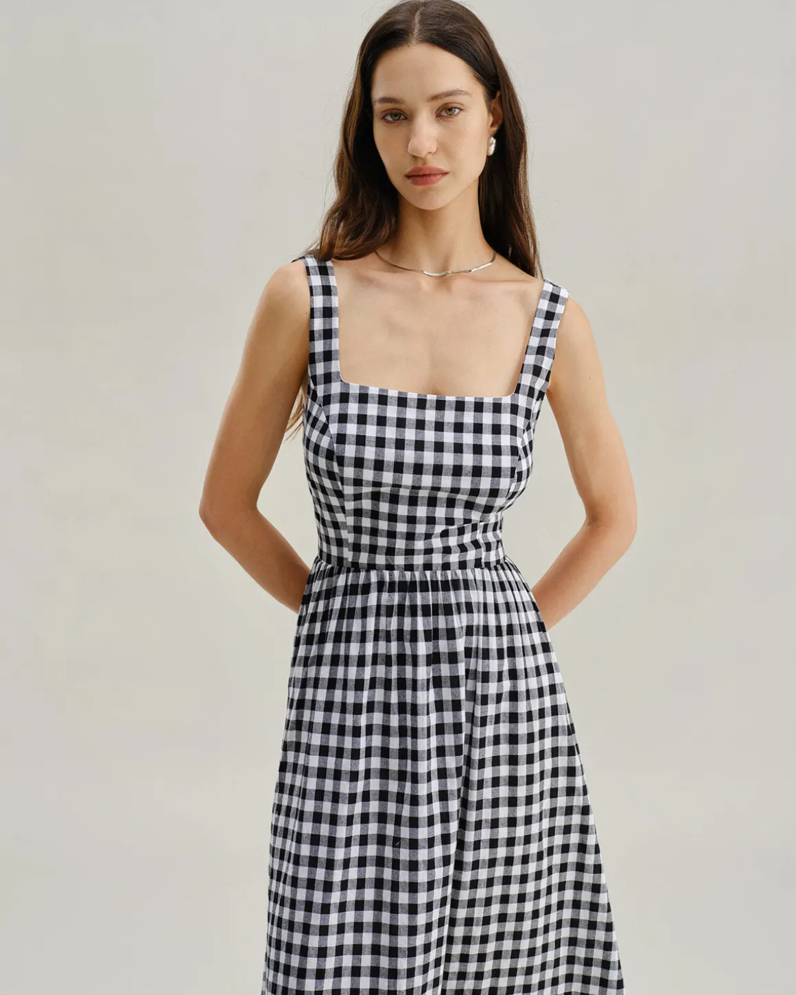 Black Plaid Square Neck Pocket Slip Maxi Dress