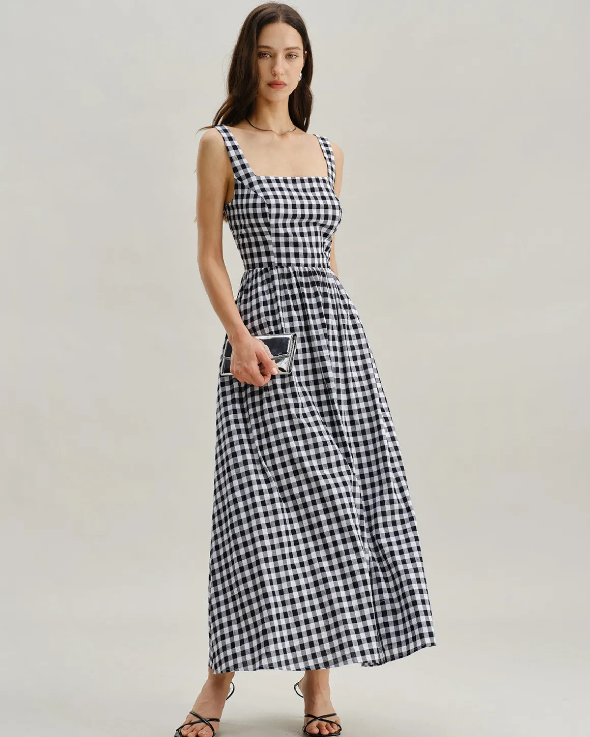 Black Plaid Square Neck Pocket Slip Maxi Dress