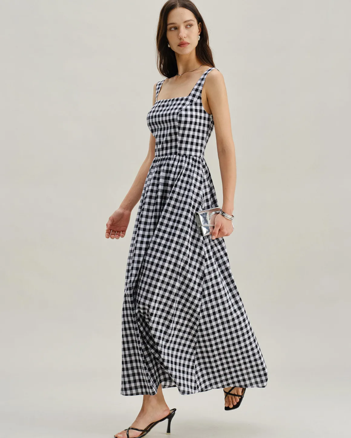 Black Plaid Square Neck Pocket Slip Maxi Dress