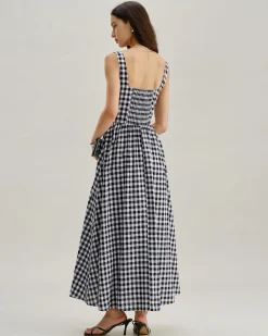 Black Plaid Square Neck Pocket Slip Maxi Dress
