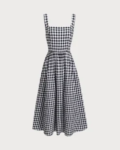 Black Plaid Square Neck Pocket Slip Maxi Dress