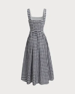 Black Plaid Square Neck Pocket Slip Maxi Dress
