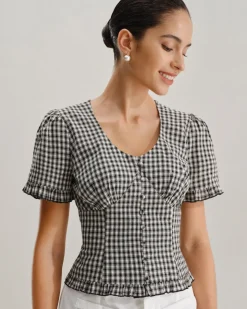 Black Plaid V Neck Ruffle Blouse