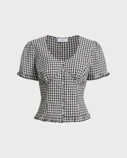 Black Plaid V Neck Ruffle Blouse