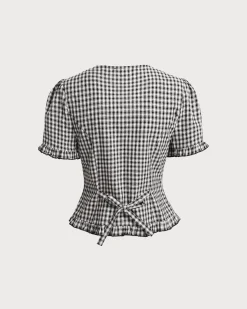 Black Plaid V Neck Ruffle Blouse