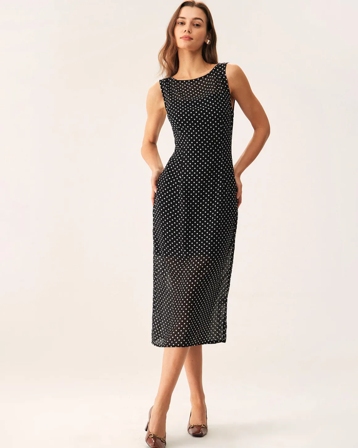 Black Polka Dot Boat Neck Midi Dress