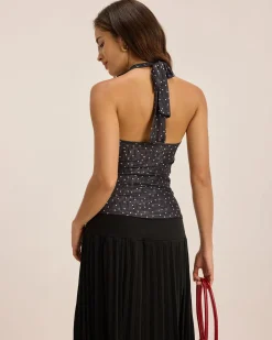 Black Polka Dot Chiffon Halter Top