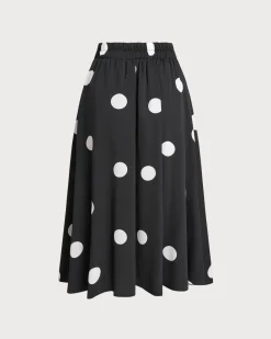 Black Polka Dot Elastic Waist Midi Skirt