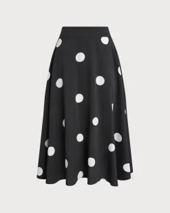 Black Polka Dot Elastic Waist Midi Skirt