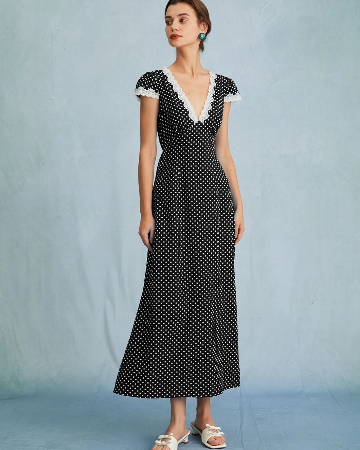 Black Polka Dot Lace Trim Maxi Dress