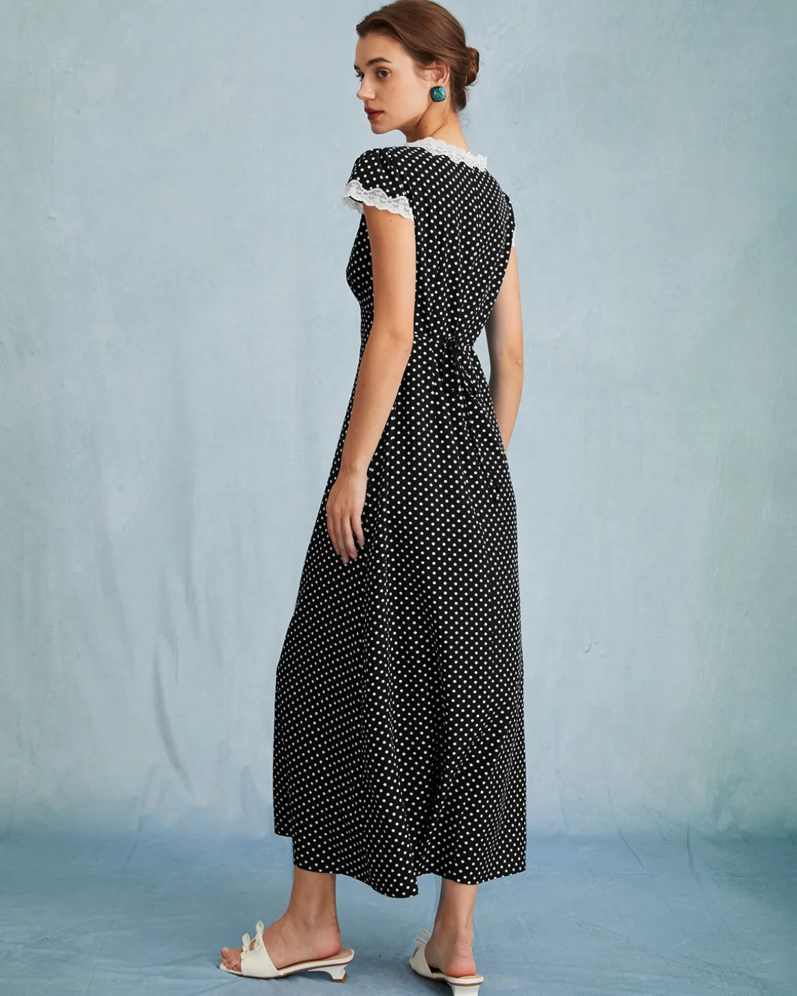 Black Polka Dot Lace Trim Maxi Dress