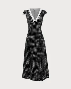 Black Polka Dot Lace Trim Maxi Dress
