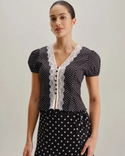 Black Polka Dot Lace Trim Blouse