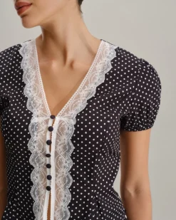 Black Polka Dot Lace Trim Blouse