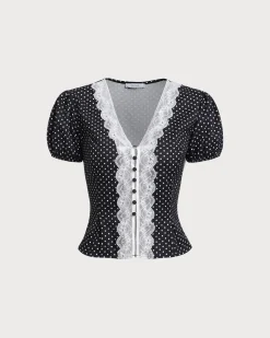 Black Polka Dot Lace Trim Blouse
