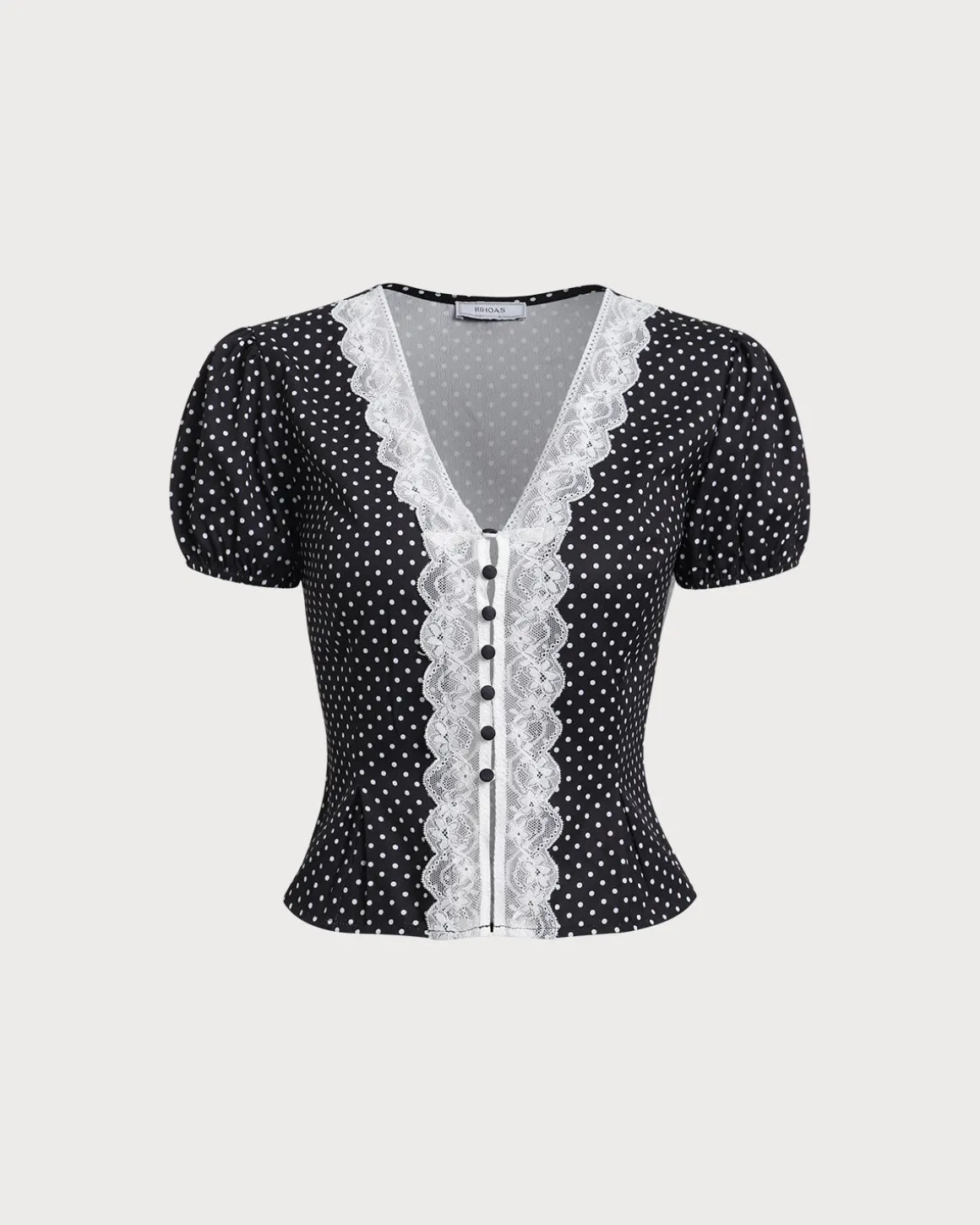 Black Polka Dot Lace Trim Blouse