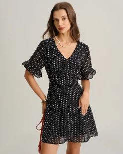 Black Polka Dot V Neck Ruffle Mini Dress