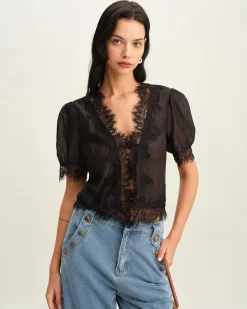 Black Puffed Sleeve Lace Blouse