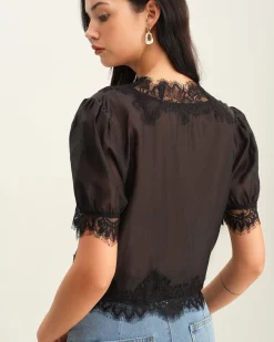 Black Puffed Sleeve Lace Blouse