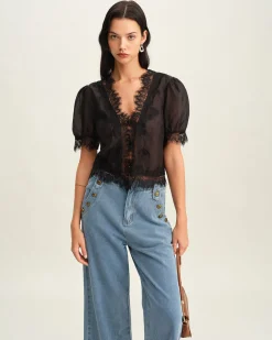 Black Puffed Sleeve Lace Blouse