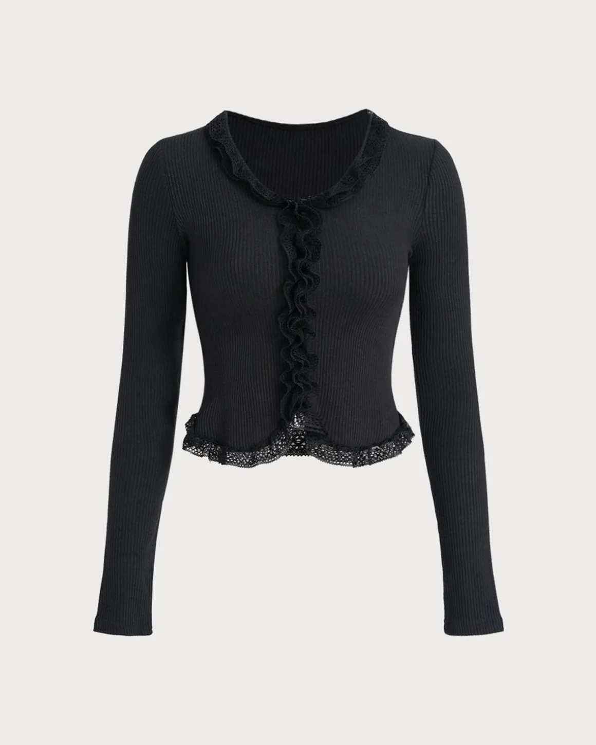Black Round Neck Ribbed Knit Cardigan