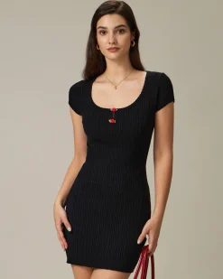 Black Round Neck Ribbed Mini Dress