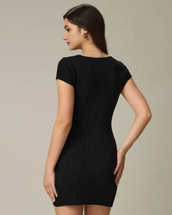 Black Round Neck Ribbed Mini Dress
