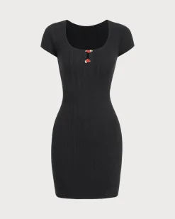Black Round Neck Ribbed Mini Dress