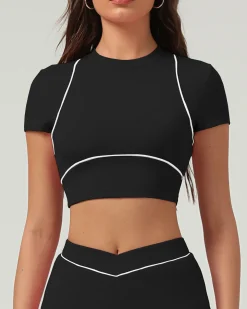 Black Round Neck Yoga Short Sleeve Top - Light Support