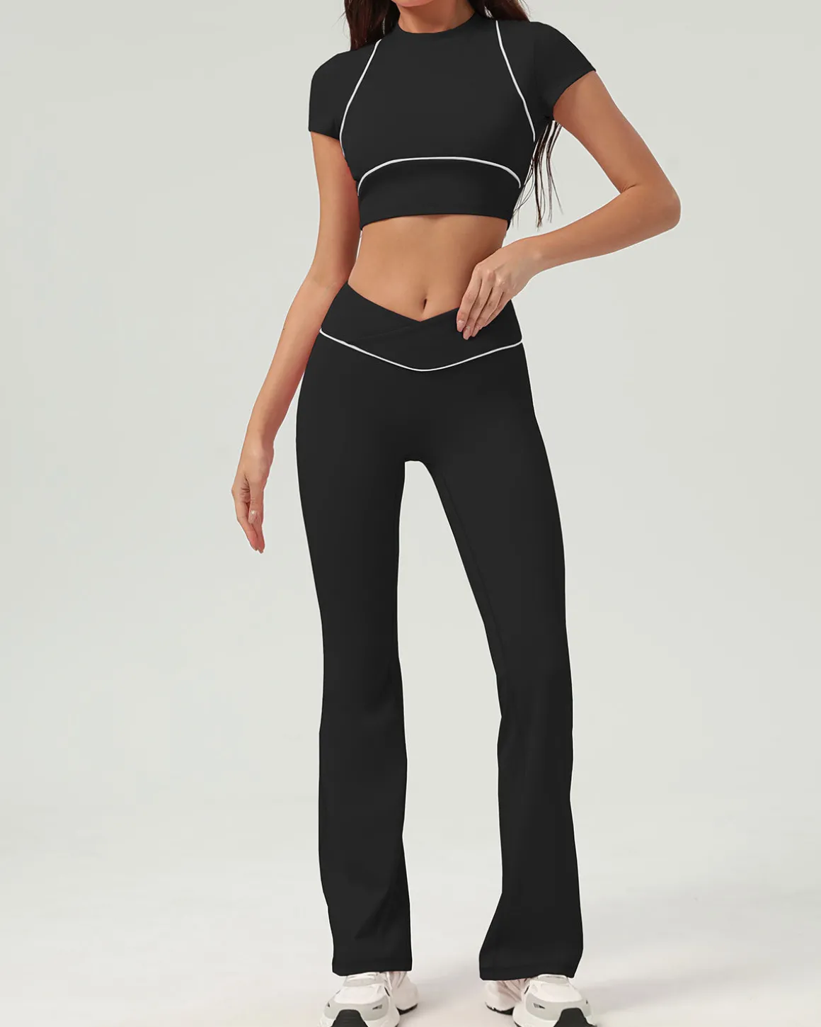 Black Round Neck Yoga Short Sleeve Top - Light Support