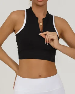 Black Round Neck Zipper Yoga Tank Top - Light Support