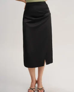 Black Ruched Wrap Midi Skirt