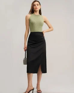 Black Ruched Wrap Midi Skirt