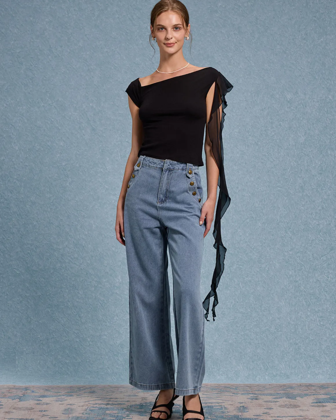 Black Ruffle Asymmetrical Tee
