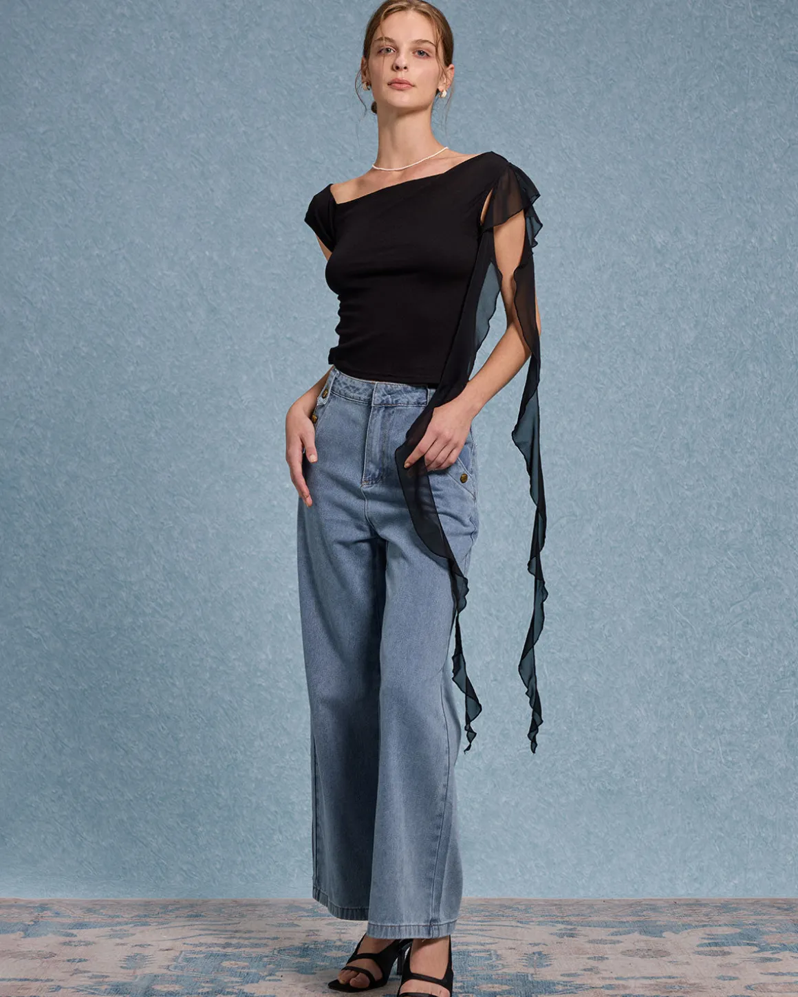 Black Ruffle Asymmetrical Tee