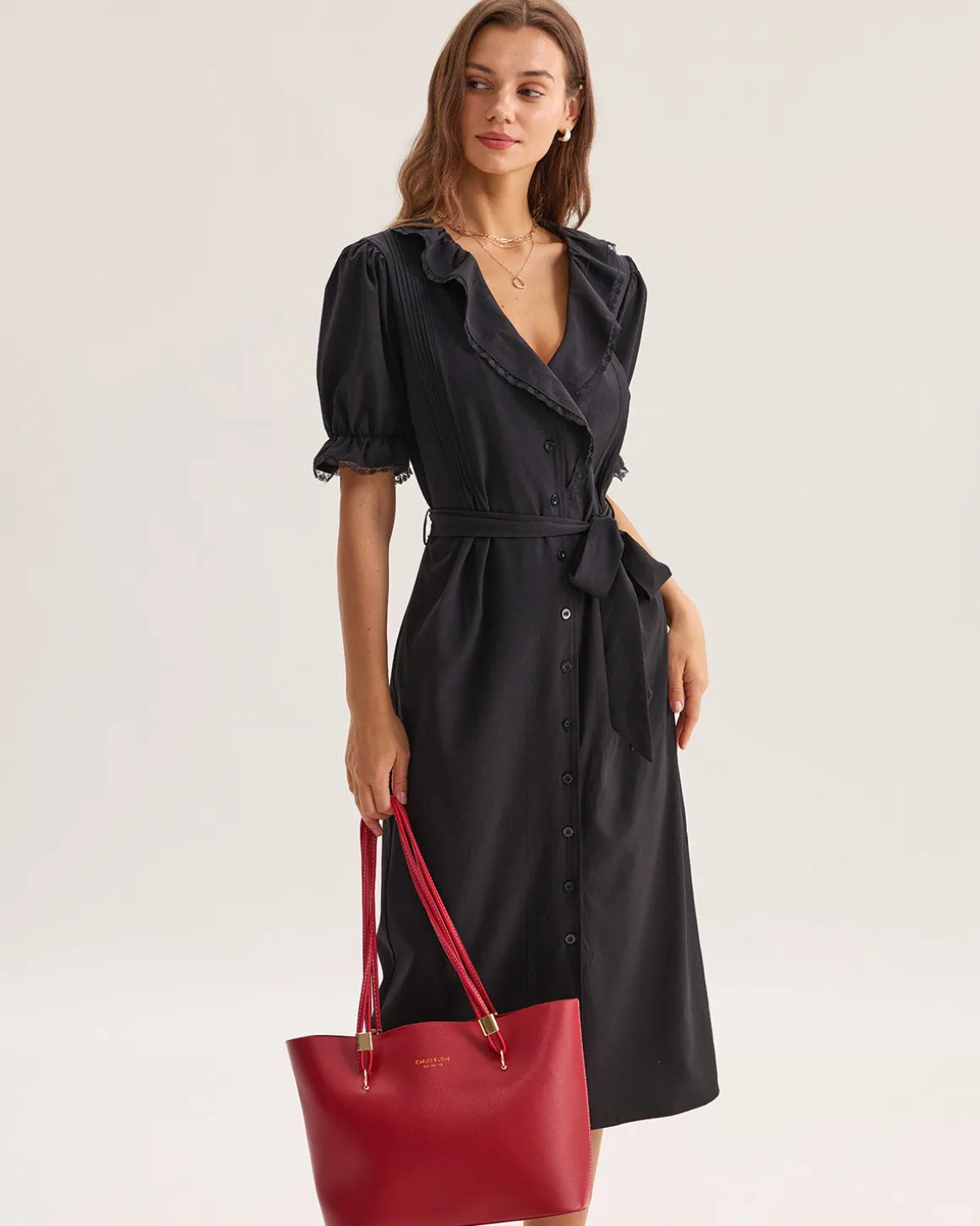 Black Ruffle Belted Maxi Dress