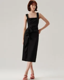 Black Ruffle Ruched Slip Midi Dress