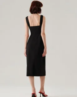 Black Ruffle Ruched Slip Midi Dress