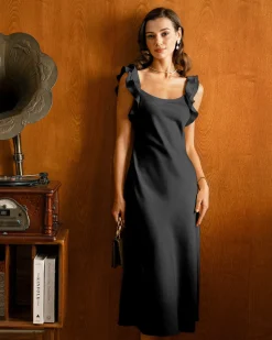 Black Ruffle Square Neck Slip Midi Dress
