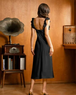 Black Ruffle Square Neck Slip Midi Dress