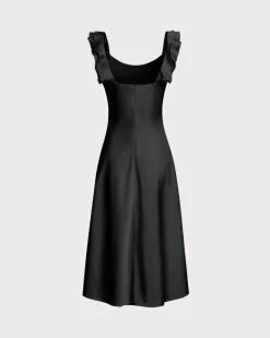 Black Ruffle Square Neck Slip Midi Dress