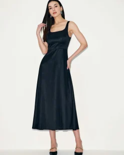 Black Satin A-Line Slip Maxi Dress