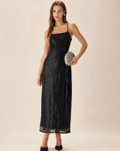 Black Sequin Bodycon Slit Maxi Dress