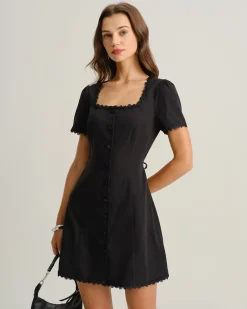 Black Square Neck Button Mini Dress