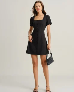 Black Square Neck Button Mini Dress