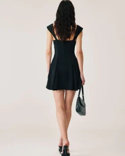 Black Square Neck Pleated Mini Dress